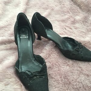 Stuart Weizman D’Orsay cloth kitten heels.